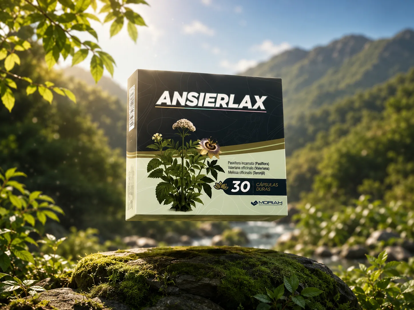 Caja de ANSIERLAX de 30 cápsulas duras flotando en un entorno natural de montaña y río